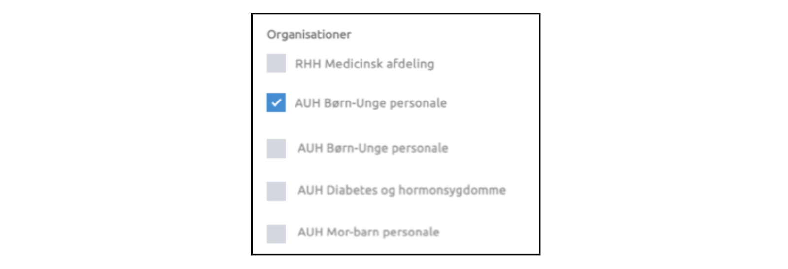 Billede 42: Eksempel på en bruger, der har adgang til organisationen AUH Børn og Unge Personale